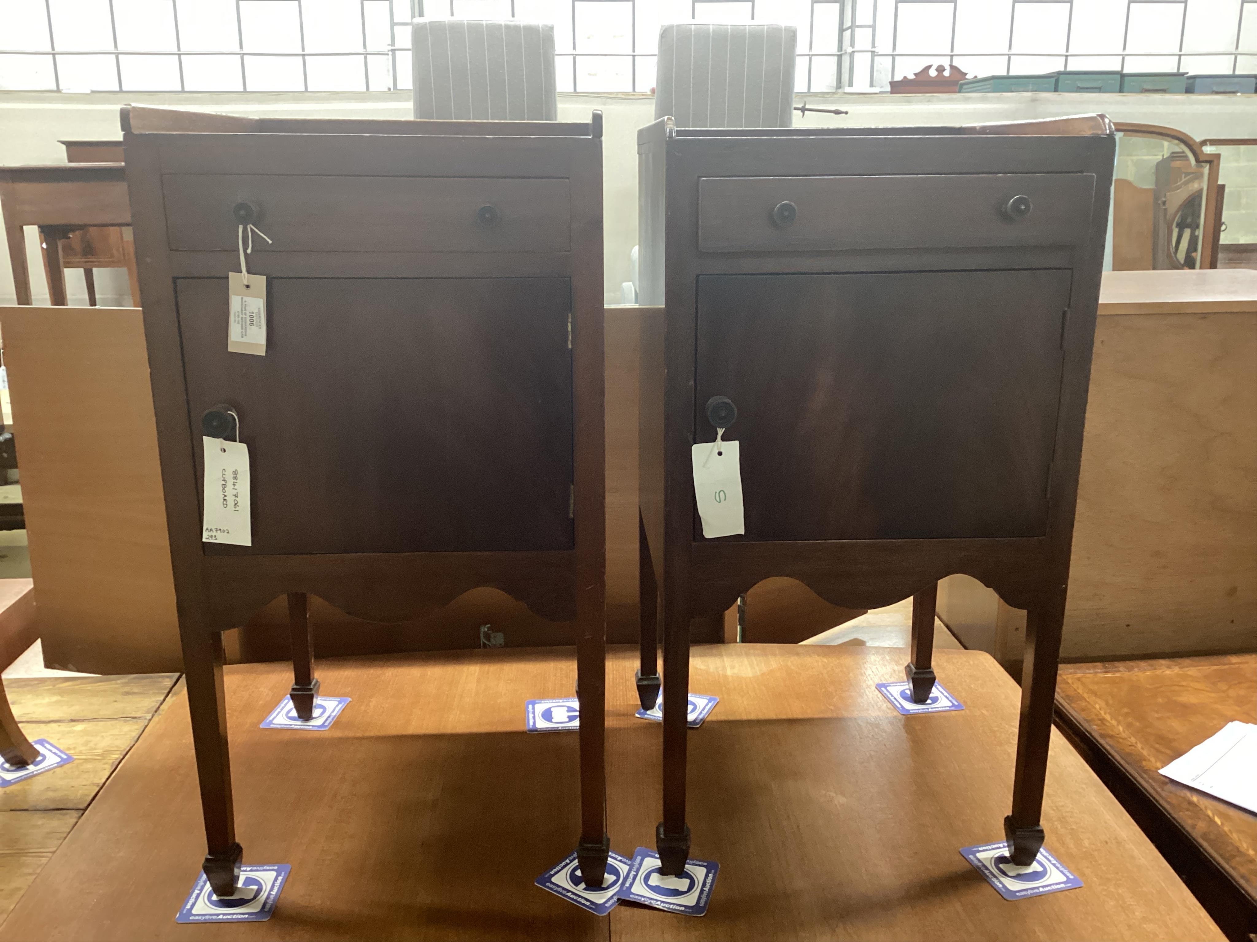 A pair of Edwardian mahogany bedside cabinets, width 41cm, depth 41cm, height 78cm. Condition - poor